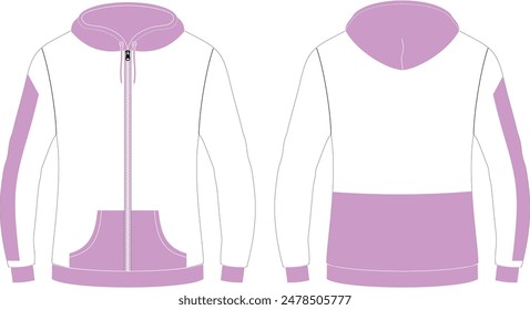 White and Pink Contrast Panel Hoodie Flat Sketch Mockup