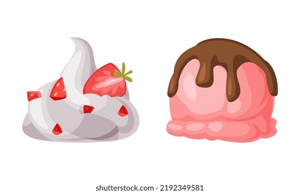 White and Pink Cream Ball with Chocolate and Strawberry as Ice Cream Top Vector Set