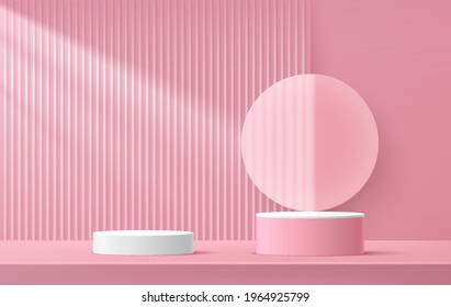 White And Pink Cylinder Pedestal Podium, Pink Wall Scene With Transparent Glass Circle Backdrop. Vertical Line Texture. Vector Rendering 3d Shape, Product Display Presentation. Abstract Room Design.