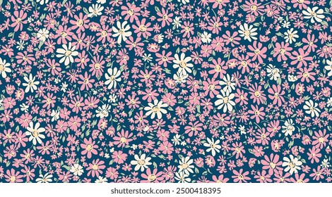 White and pink daisy on a blue background. Autumn daisy. Elegant, youthful model, cool and gentle feeling. Vintage overflow print pattern