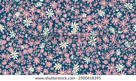 White and pink daisy on a blue background. Autumn daisy. Elegant, youthful model, cool and gentle feeling. Vintage overflow print pattern
