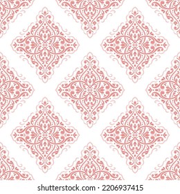 White and pink damask vector seamless pattern. Vintage, paisley elements. Traditional, Turkish motifs. Great for fabric and textile, wallpaper, packaging or any desired idea.