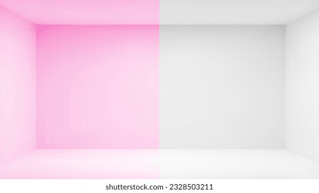 White and pink empty 3d room interior background. Inside studio clean floor and wall in candy color. Product photo shoot template scene illustration. Modern rectangle pastel office house corner