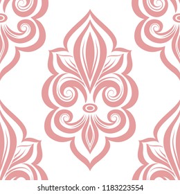 White and pink fleur de lis seamless pattern. Vintage royal , heraldic lilly. Ornament. Turkish, Indian motifs. Great for fabric and textile, flyer, banner, business cards, wallpaper, packaging