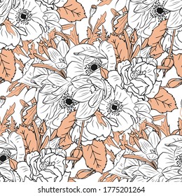 White and pink floral seamless pattern with hand drawn rose, poppy and crocus flowers on white background. Stock vector illustration.
