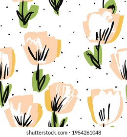 White and Pink Flower Drawing Vector Seamless Pattern. Peony Abstract Background. Spring Drawn Template. Tulip Wedding Illustration.