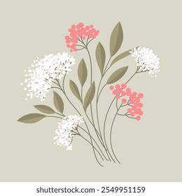 White and pink flower stems and green leafy branches. Hand drawn isolated illustrations.