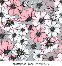 White and pink flowers seamless pattern on grey background. Hand drawn pen illustration.