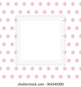 White and pink flowers vector template. White background with pink flowers and blank label with lace edging.