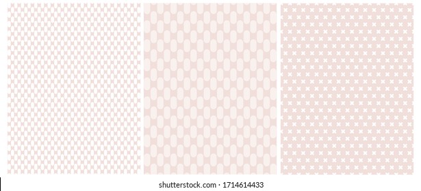 White and Pink Geometric Seamless Vector Pattern Set. White Short Stripes and Crosses on a Light Pink Background. Simple Pastel Color  Repeatable Print ideal for Fabric, Textile, Wrapping Paper. 