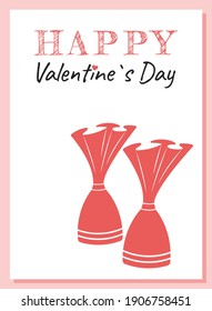 White pink gift card for Valentine's Day. Inscription Happy Valentine's Day. Red chocolates in a wrapper. Creative gift for a loved one. Delicate pastel card with heart. Creative minimalist cute gift