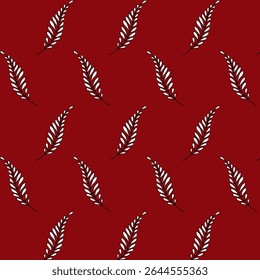 White and pink hand-drawn leaves on red background. Bold contrast botanical pattern with elegant natural theme.