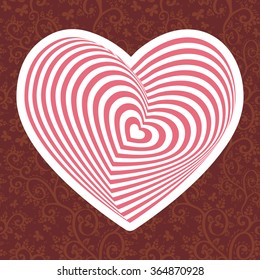 white pink heart on Dark red brown floral ornament background. Optical illusion of 3D three-dimensional volume. Vector