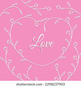 White and pink heart vector outline illustration with flowers and leaves.