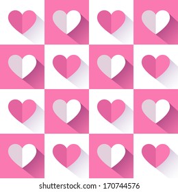 White and pink hearts in flat style with long shadows. Valentines Day. Abstract seamless pattern. Vector illustration.