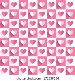 Corazones blancos y rosas de estilo plano con largas sombras.Antecedentes del día de San Valentín.Patrón abstracto sin fisuras. Ilustración vectorial.