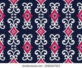 White and pink ikat seamless pattern on dark blue background, designed for fabric prints, garment decorations, wallpaper, wrapping paper, and other printings