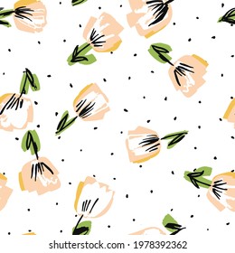 White and Pink Lotus Felt pen Vector Seamless Pattern. Tulip Valentine Template. Spring Drawing Illustration. Flower Summer Background.