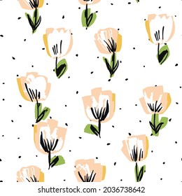 White and Pink Lotus Marker Vector Seamless Pattern. Tulip Fabric Paper Texture. Summer Drawn Design. Peony Garden Wallpaper.
