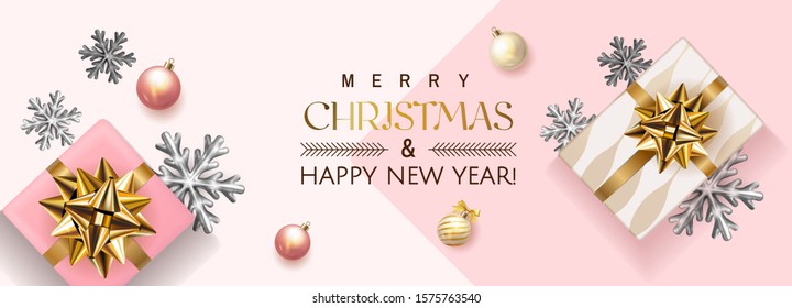 White and pink Merry Christmas and Happy New Year Holiday soft banner illustration with realistic vector 3d objects