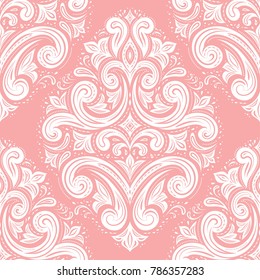 White and pink ornamental seamless pattern. Vintage. Elegant classic texture. Damask, Victorian, Baroque, paisley elements. Great for fabric and textile, wallpaper, packaging or any desired idea.
