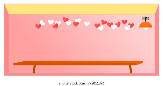 White and pink paper heart on the wall in the room with lamp,plank of wood illustration vector
