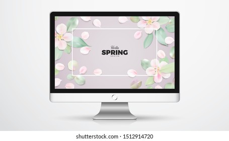 White and pink pastel background with spring flowers. Apple tree blossom petals on the table vector banner template design