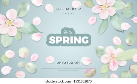 White and pink pastel background with spring flowers. Apple tree blossom petals on the table vector banner template design
