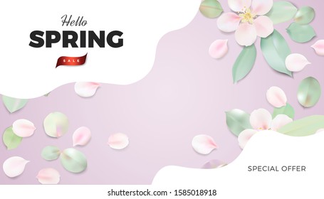 White and pink pastel background with spring flowers. Apple tree blossom petals on the table vector banner template design