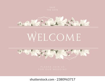 Cartel de bienvenida de boda blanco y rosa pastel o carta de invitación con flor blanca. Cartel de boda de bienvenida a la naturaleza. Cubierta natural. Plantilla de tarjeta de bodas.