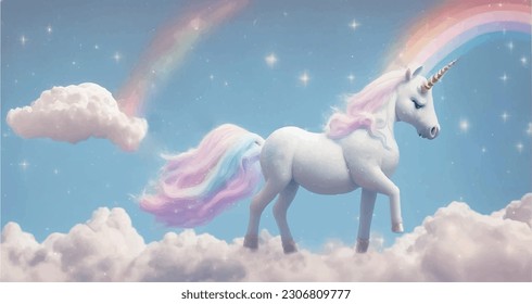 Monumento de caballo de pony Pegasus de color rosa blanco unicornio en el cielo. Kawaii lindo cuento de hadas adorable magia de ensueño de dibujos animados color arcoiris pastel nubes esponjosas cielo con estrellas. Diseño de pared infantil. Papel de pared infantil para niños