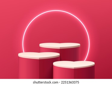 white, pink product podium set in heart shape, Valentine 3D background with neon ring on wall. Minimal wall scene mockup product stage showcase, Promotion display. Abstract vector geometric forms.