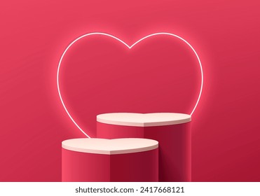 white, pink product podium set in heart shape, Valentine 3D background with neon ring on wall. Minimal wall scene mockup product stage showcase, Promotion display. Abstract vector geometric forms.