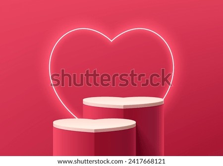 white, pink product podium set in heart shape, Valentine 3D background with neon ring on wall. Minimal wall scene mockup product stage showcase, Promotion display. Abstract vector geometric forms.