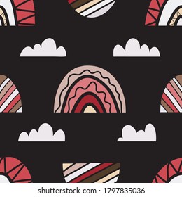 white pink rainbows and clouds in a geometrical Scandinavian style on a black square background. Vector seamless pattern for creating packaging