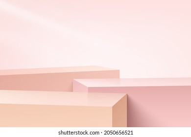 White and Pink realistic cubes steps pedestal or stand podium set with pink abstract room. Vector studio room with 3D geometric platform design. Pastel scene for products showcase, Promotion display.