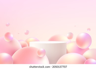 White and pink realistic cylinder pedestal podium with flying sphere ball or pink bubble. Vector abstract studio room with 3D geometric platform. Pastel minimal scene for products promotion display.