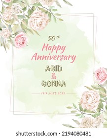 White and pink rose anniversary card, save the date card with watercolor background.