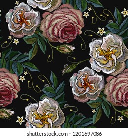 White and pink roses embroidery seamless pattern. Template for design of clothes, t-shirt design, tapestry flowers renaissance style vector. Classical embroidery vintage roses on black background 