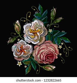 White and pink roses embroidery. Template for design of clothes, t-shirt design, tapestry flowers renaissance style vector. Classical embroidery vintage roses on black background 