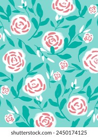 White pink roses and leaves patterns on green background for branding, fabric print, wallpaper, social media post, doodle, notes, book covers, wall decor.