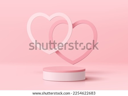 White and pink round stand product podium valentine 3D background, Congruent 2 heart shape. Minimal wall scene mockup product stage showcase, Banner promotion display. Abstract vector geometric forms.