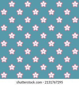 White and pink sakura pattern on blue background. White Japanese flowers pattern. Cherry blossom background.