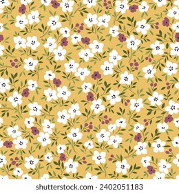 white and pink seamless floral vector small flowers with green leaves pattern on yellow background