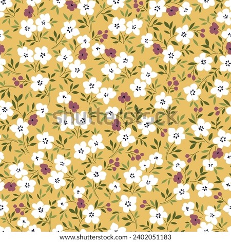 white and pink seamless floral vector small flowers with green leaves pattern on yellow background