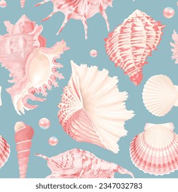 White and pink shells and pearls seamless pattern