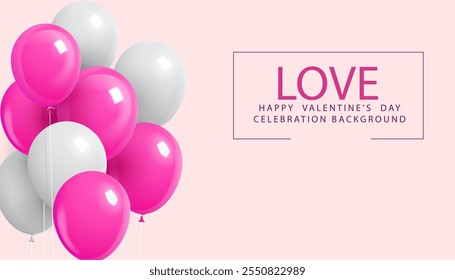 Blanco y rosa brillante globos manojo decorativo feliz fondo del día de San Valentín y otro concepto de celebración encantadora Ilustración vectorial de Anuncio creativa y moderna.