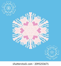 Blanco con copo de nieve rosa sobre fondo azul.