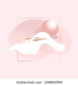 White, pink spots, 3d, ball, gold brush strokes in a gold line square frame on a nude background. 