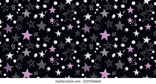 White and pink stars. Seamless pattern with hand drawn casual stars. Vector decor and print, stylish design of seamless surfaces.